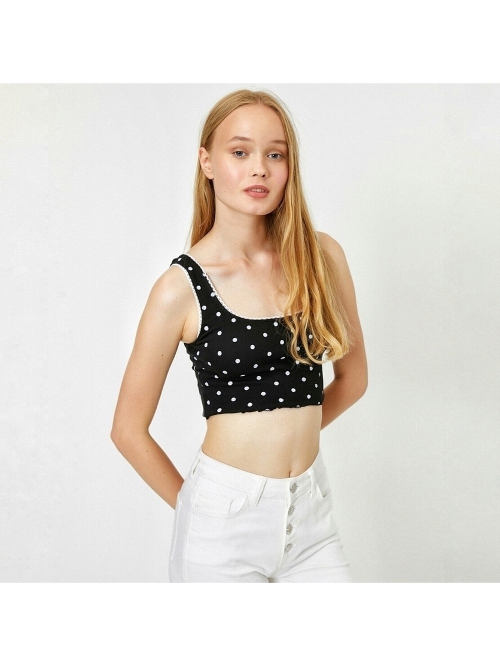 Topshop Black Polka Dot Crop Tank with White Dots US 10